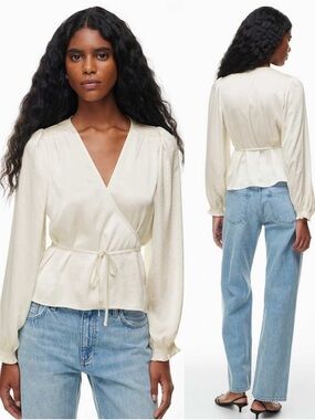 Wilfred Aritzia XS Ivory Wrap Top Tie Waist Flowy Chic Capsule Blogger Style